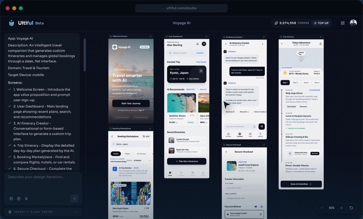 The Uitiful studio: a prompt panel beside generated mobile screens for a travel app.